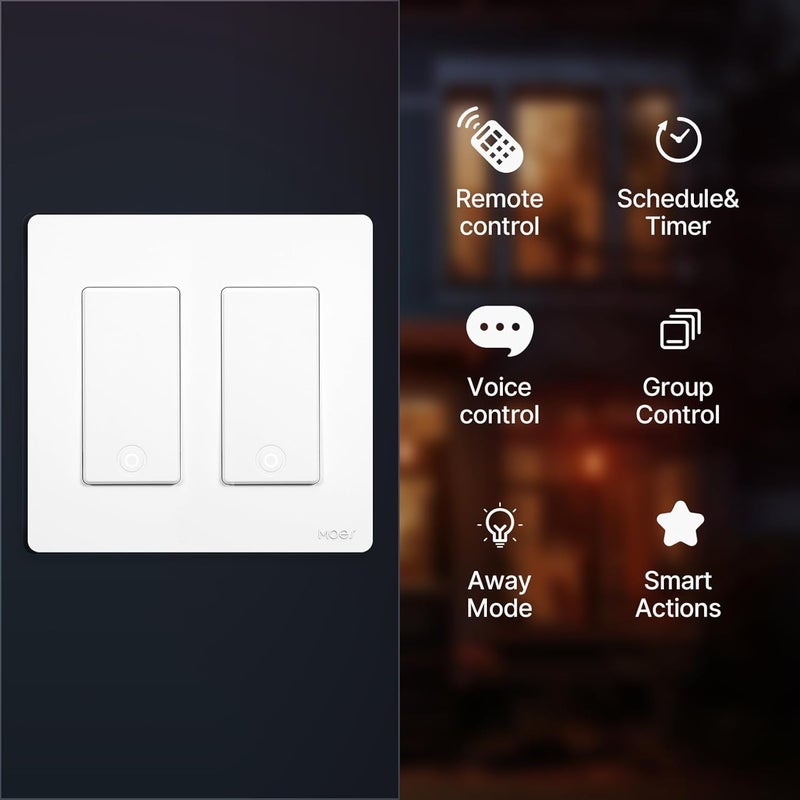 MOES مفتاح ضوء ذكي بعمود واحد، مفتاح حائط ذكي بتقنية 2.4GHz WiFi، يحتاج إلى سلك محايد، تحكم متعدد، تحكم عبر تطبيق Smart Life/TUYA، تحكم صوتي مع Alexa/Google Home، أبيض 2 جهد - Image 2